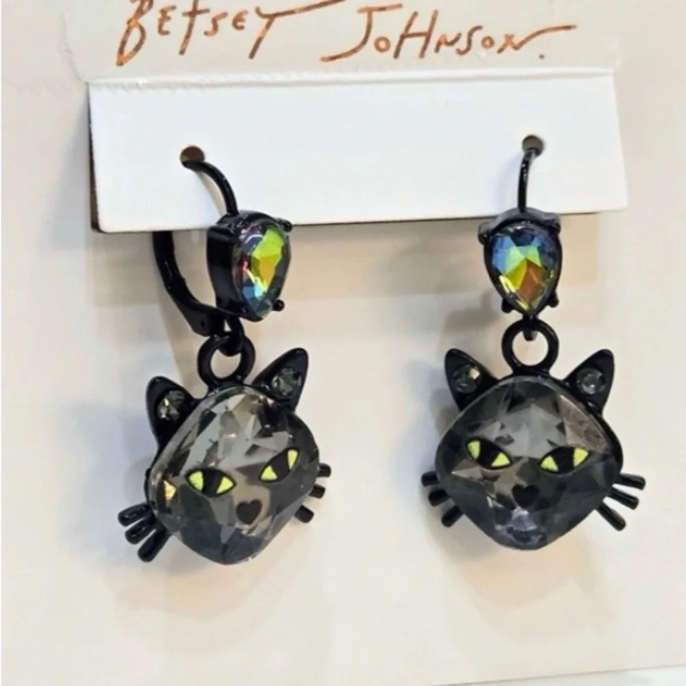 BETSEY JOHNSON Halloween Angular Cut Sparkling Black Cat Drop Earrings NEW NWT